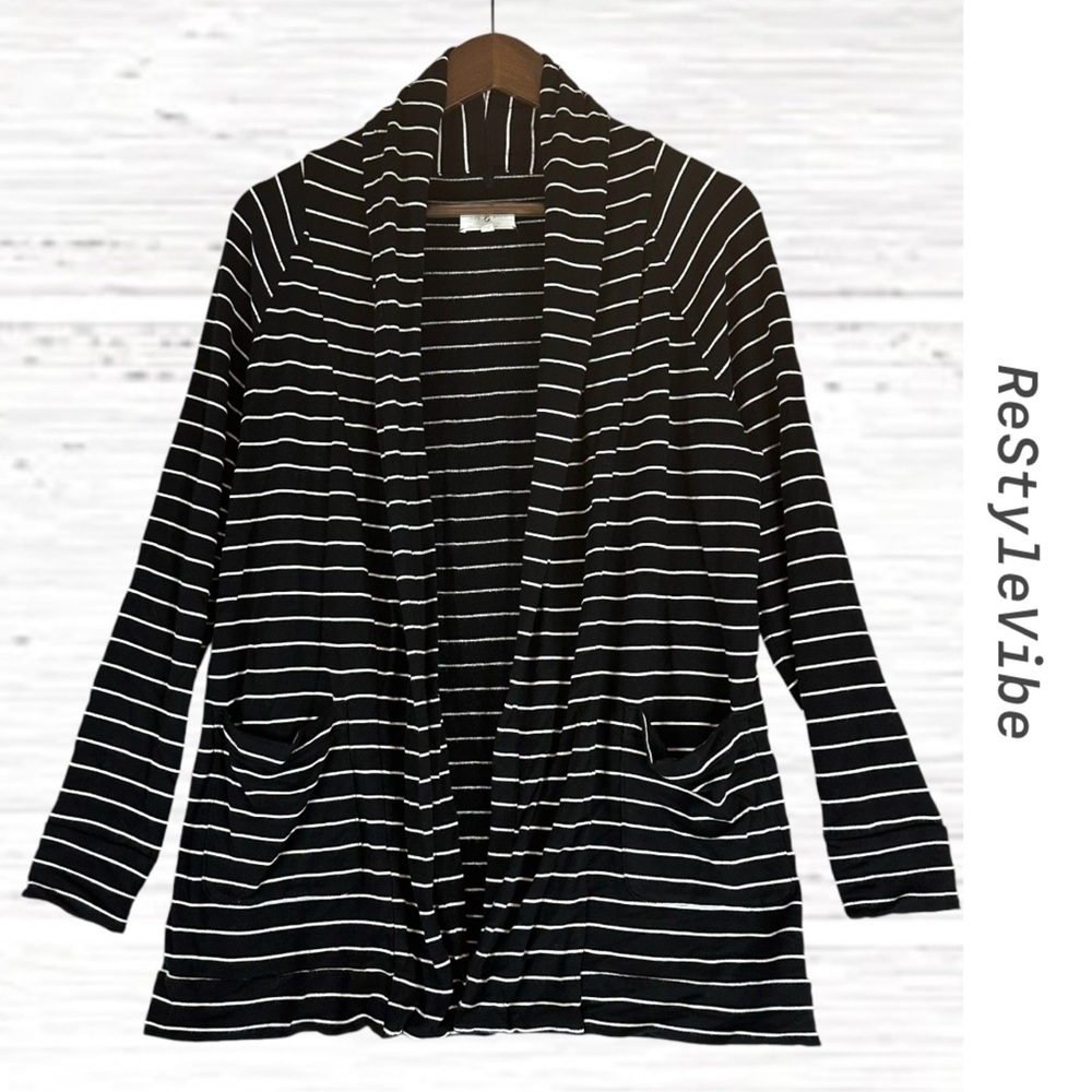 LOU & GREY Women’s Size S Cardigan Open Front Knit Striped Pockets Stretch